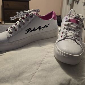 Karl Lagerfeld White Sneakers with Pink Lining and Black Signature
